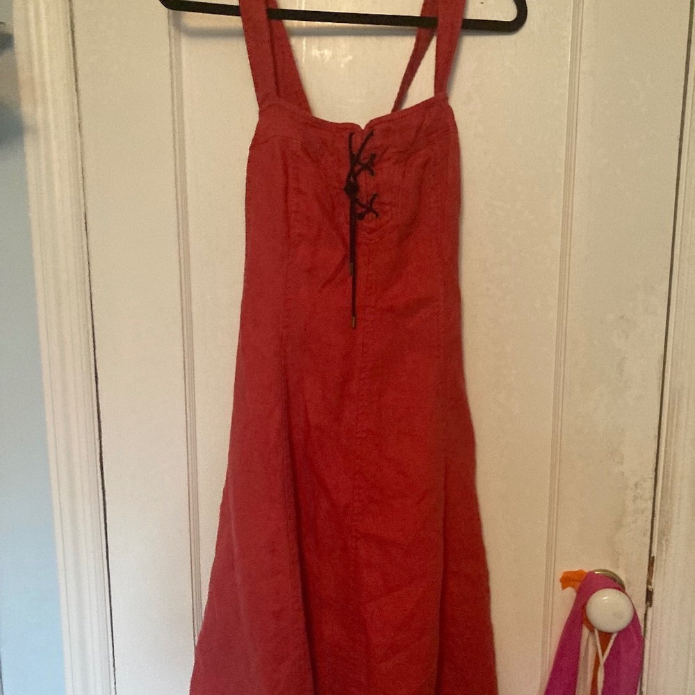 Lauren Ralph Lauren Red Midi Dress with Lace-Up Bodice